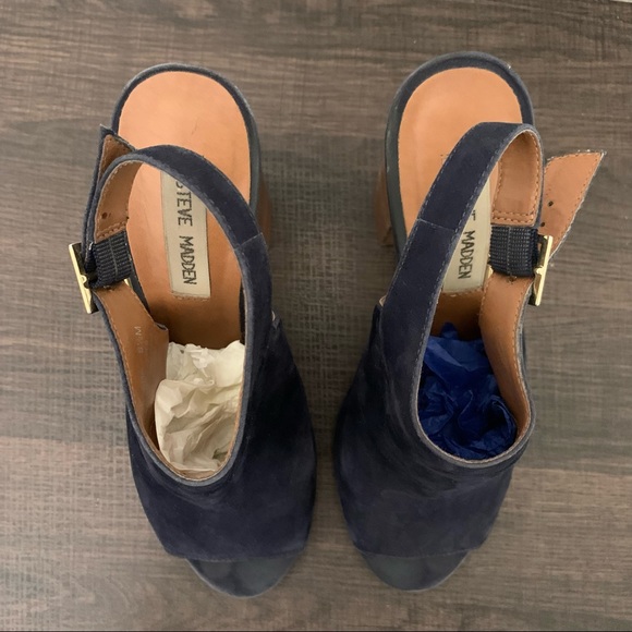 Steve Madden Claara navy blue suede leather block wood heel 8.5 - Picture 7 of 11